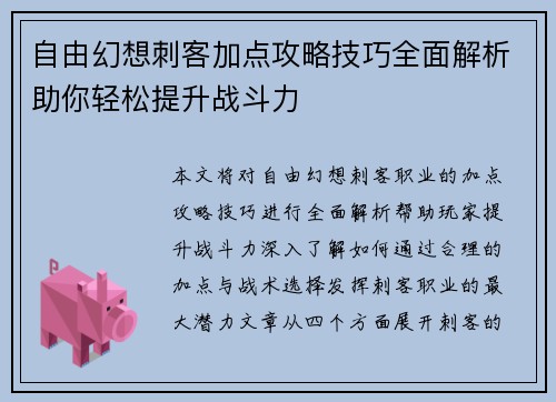 自由幻想刺客加点攻略技巧全面解析助你轻松提升战斗力